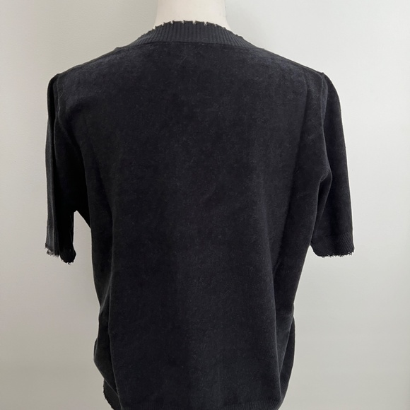 Minnie Rose Black Broken Heart Cotton Cashmere Frayed Short Sleeve Top Sweater - Picture 5 of 7